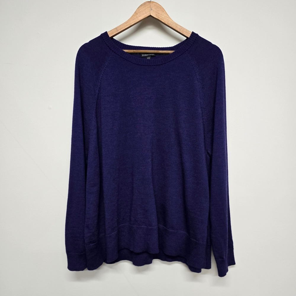 Eileen Fisher Sweater Womens L Blue 100% Merino Wool Raglan Knit Minimalist